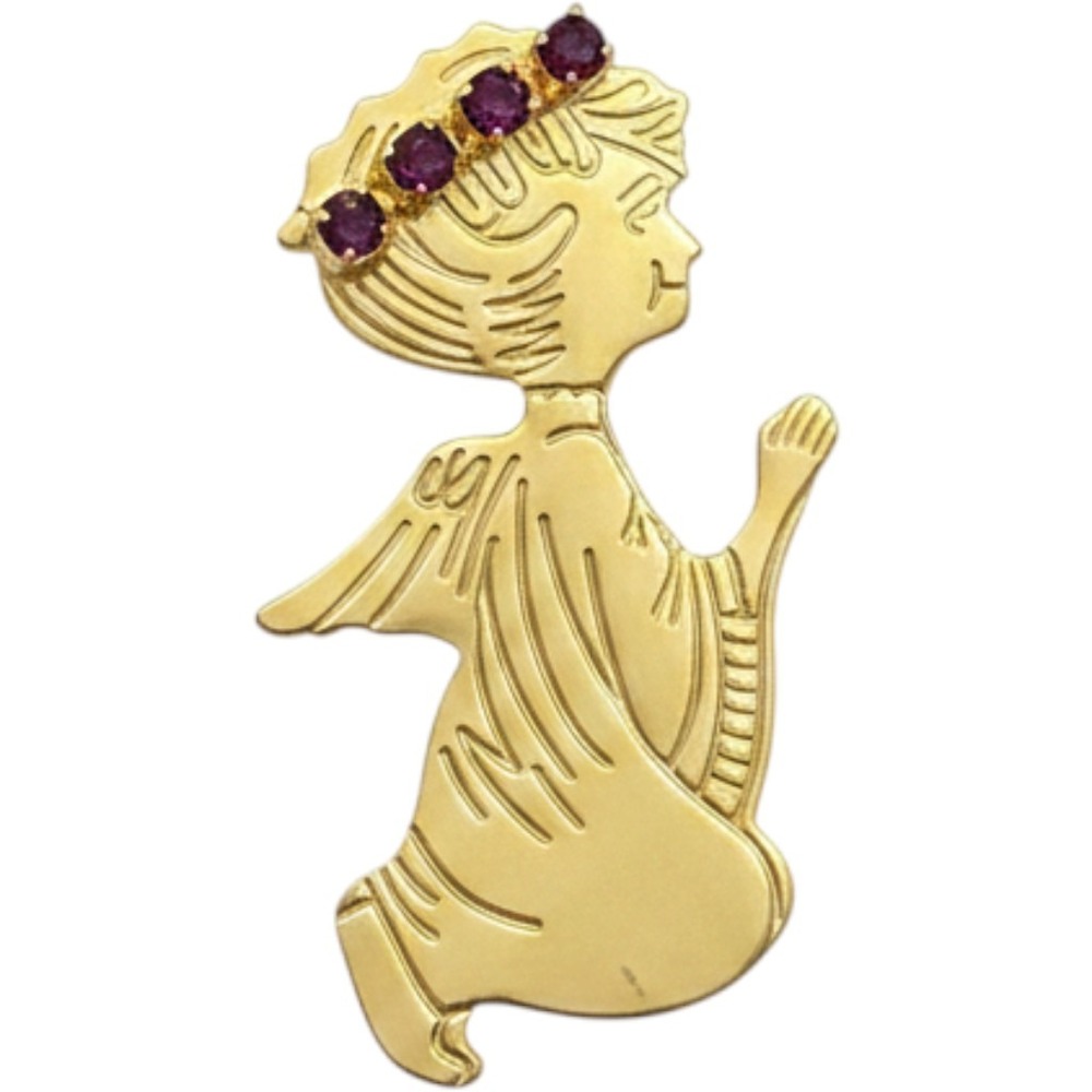 Vintage Gold Tone Praying Angel Brooch Purple Rhinestone Accents Kneeling Pin
